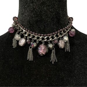 Beaded Fringe Necklace Dark Gray Black Purple Rhinestone Glass Beads Tassels